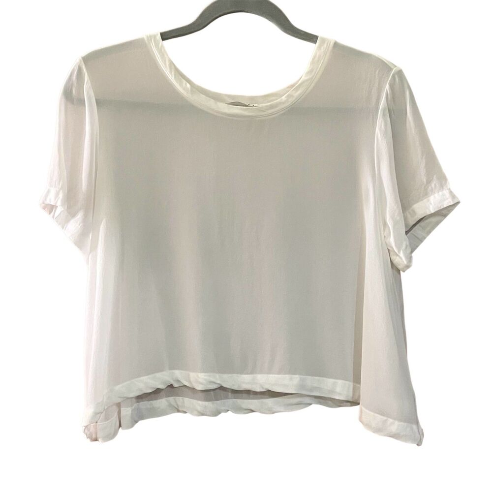 Lacausa sheer cropped asymmetrical hem short sleeve overlay top